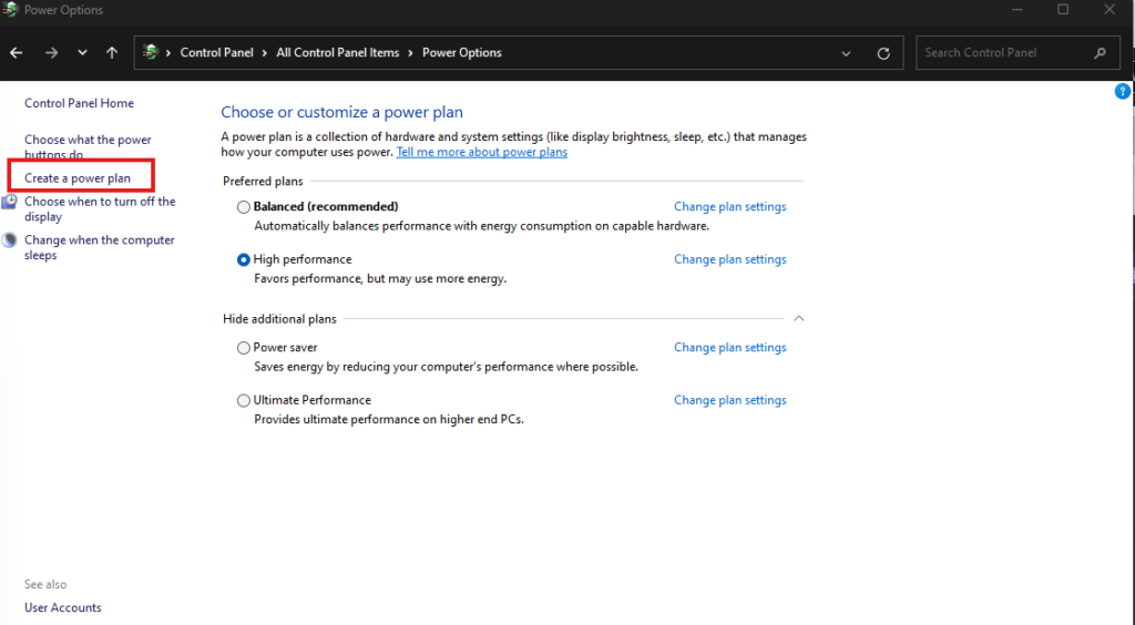 Create a power plan in windows