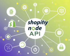 "Visual representation of the Shopify Node API, featuring interconnected nodes and a network design, with elements symbolizing e-commerce, coding syntax, and a vibrant digital ecosystem. Include abstract shapes representing data flow and integration, in a modern tech aesthetic."
