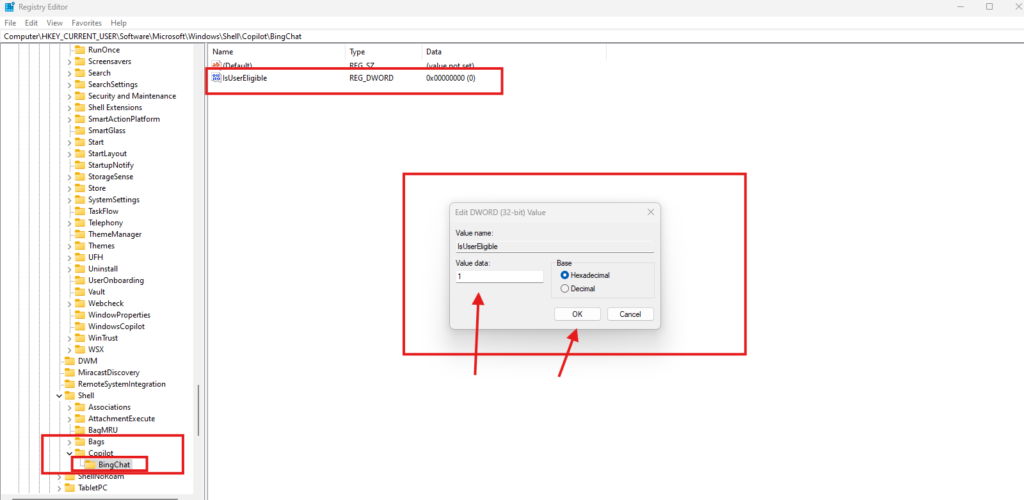 Fixing Windows Co-Pilot Missing Issue: Step-by-Step Tutorial 2025 6 Expand the BingChat key.
Find the option IsUserEligible and double-click it.
Change the Value data to 1.